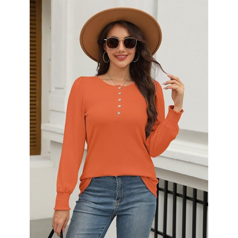 Womens Long Sleeve Henley Blouse Smocked Puff Sleeve Casual Top - Picture 5 of 6